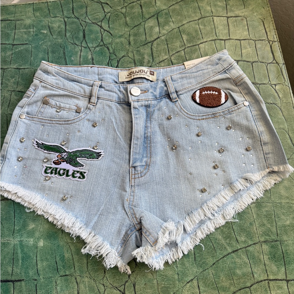 Custom Philadelphia Eagles Light Blue Denim Shorts with Embellishments
